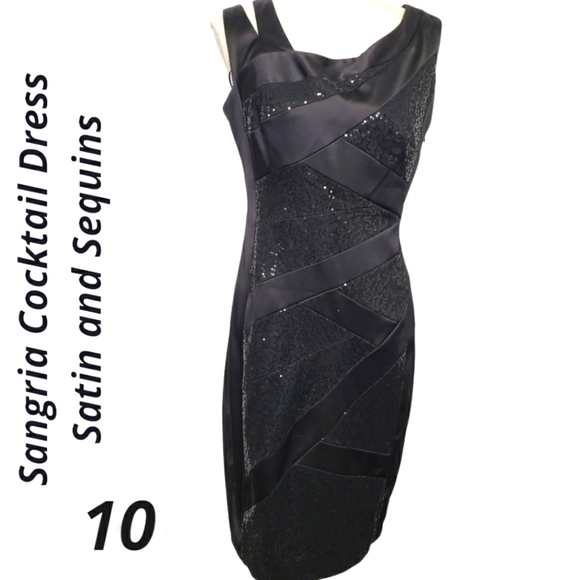 Sangria Cocktail Dress Asymetrical Neckline Bandage Spandex 10 Black Sequins EUC - Picture 3 of 12